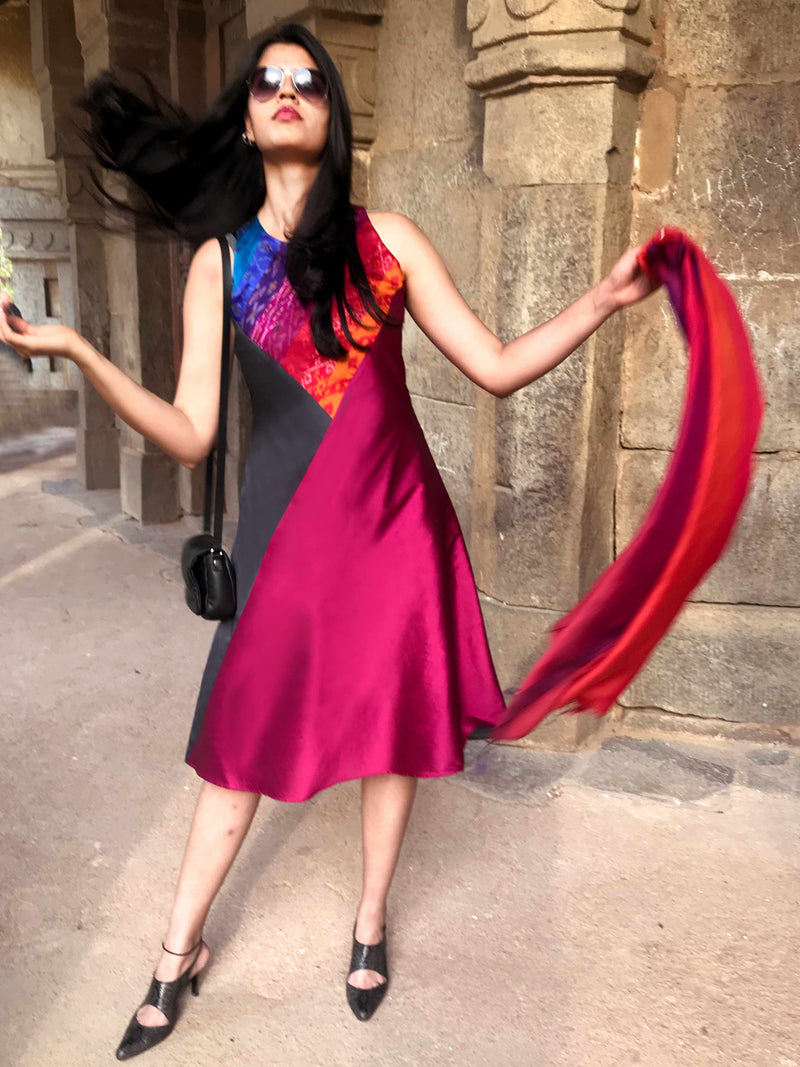 TAILYNN TAFFETA TROVE PATOLA SILK PATCHWORK DRESS