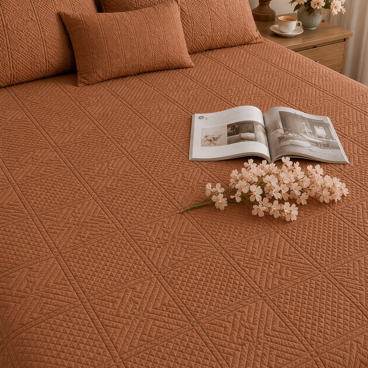 HARLOW MEDITERRANEAN SERENITY BURNISHED TERRACOTTA QUILTED 6 PIECE BEDCOVER SET