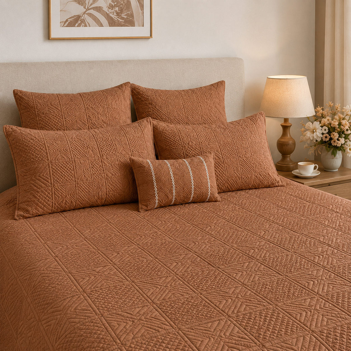 HARLOW MEDITERRANEAN SERENITY BURNISHED TERRACOTTA QUILTED 6 PIECE BEDCOVER SET
