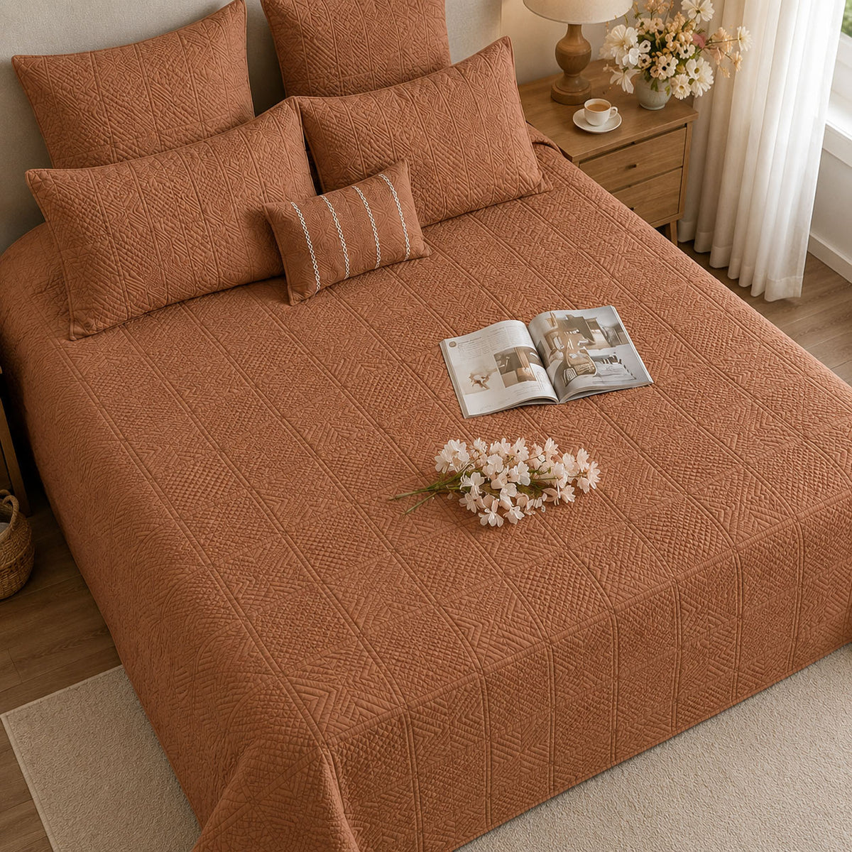 HARLOW MEDITERRANEAN SERENITY BURNISHED TERRACOTTA QUILTED 6 PIECE BEDCOVER SET