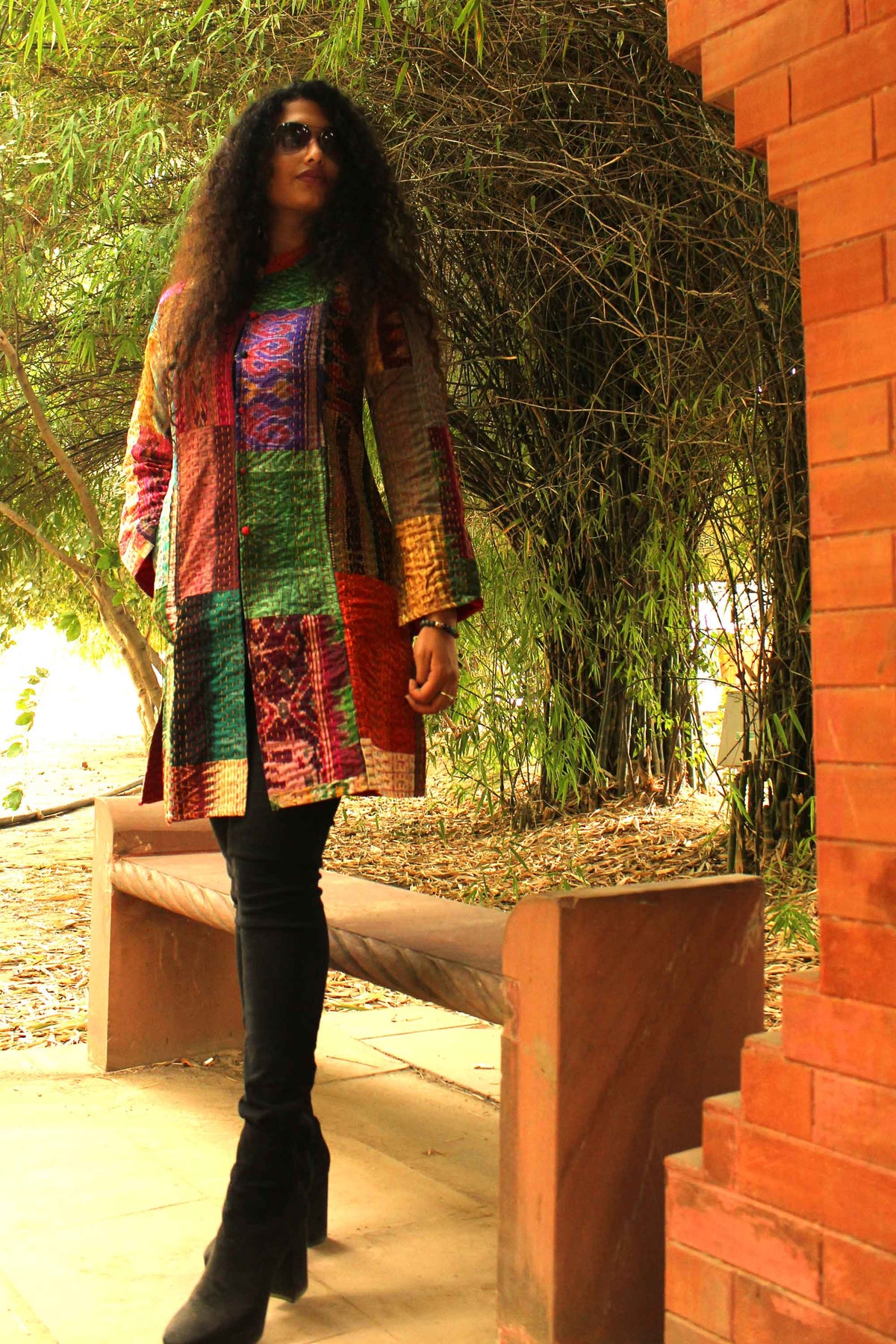 HADREY PATOLA SILK PATCHWORK KANTHA LONG JACKET