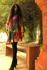 HADREY PATOLA SILK PATCHWORK KANTHA LONG JACKET