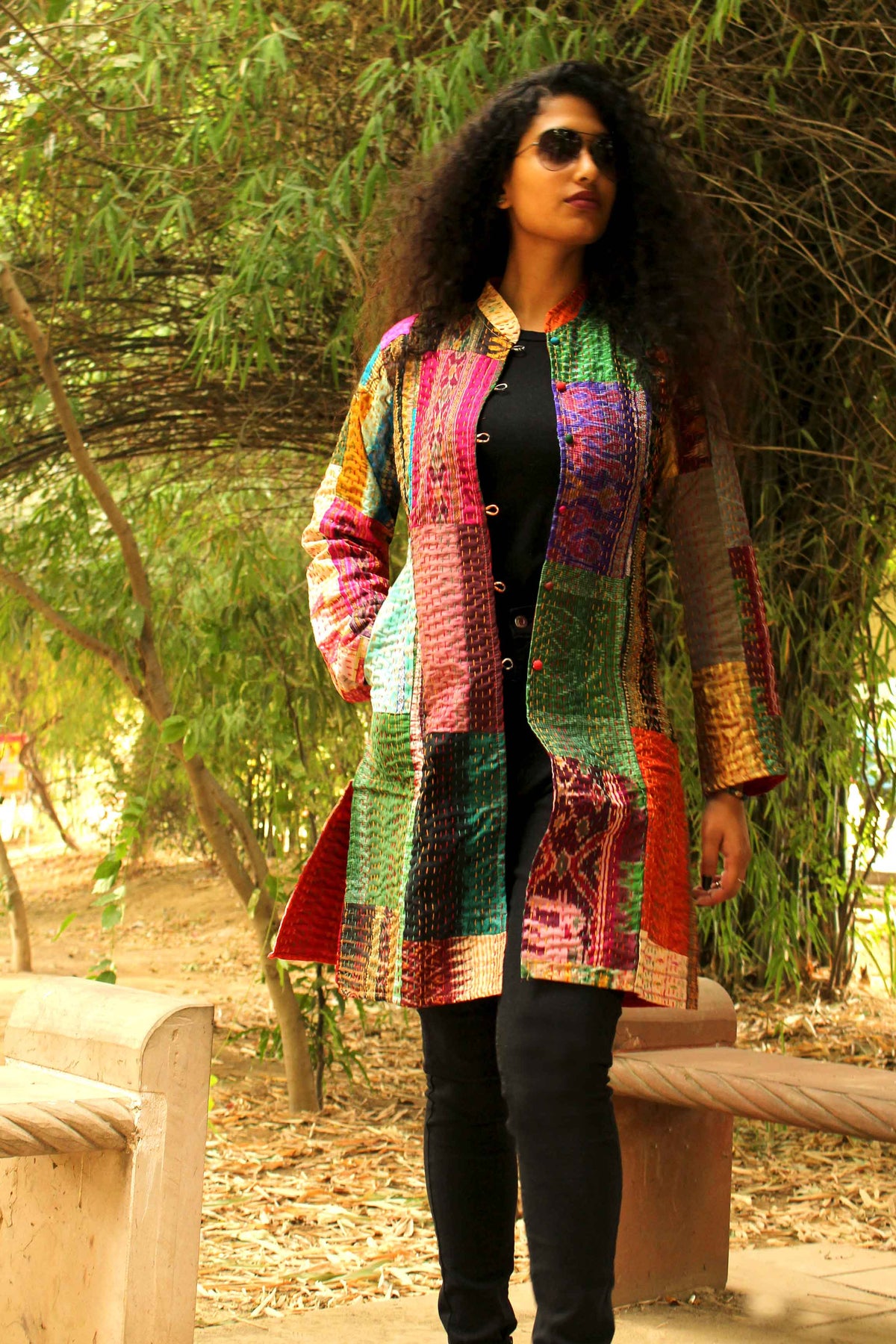 HADREY PATOLA SILK PATCHWORK KANTHA LONG JACKET