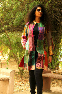 HADREY PATOLA SILK PATCHWORK KANTHA LONG JACKET