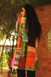 HADREY PATOLA SILK PATCHWORK KANTHA LONG JACKET