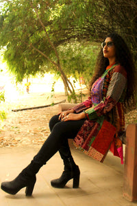 HADREY PATOLA SILK PATCHWORK KANTHA LONG JACKET