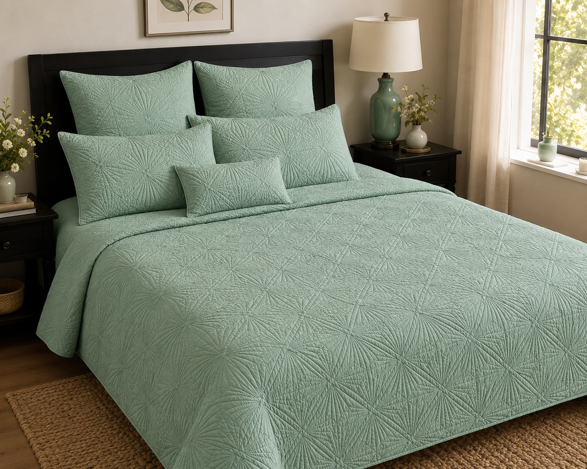 HILLARY MEDITERRANEAN SERENITY SOFT EUCALYPTUS QUILTED 6 PIECE BEDCOVER SET