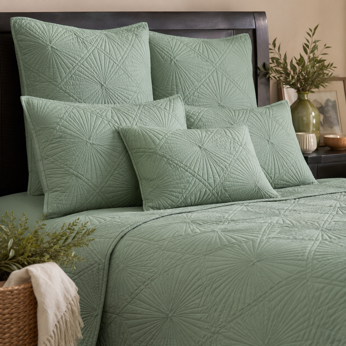 HILLARY MEDITERRANEAN SERENITY SOFT EUCALYPTUS QUILTED 6 PIECE BEDCOVER SET