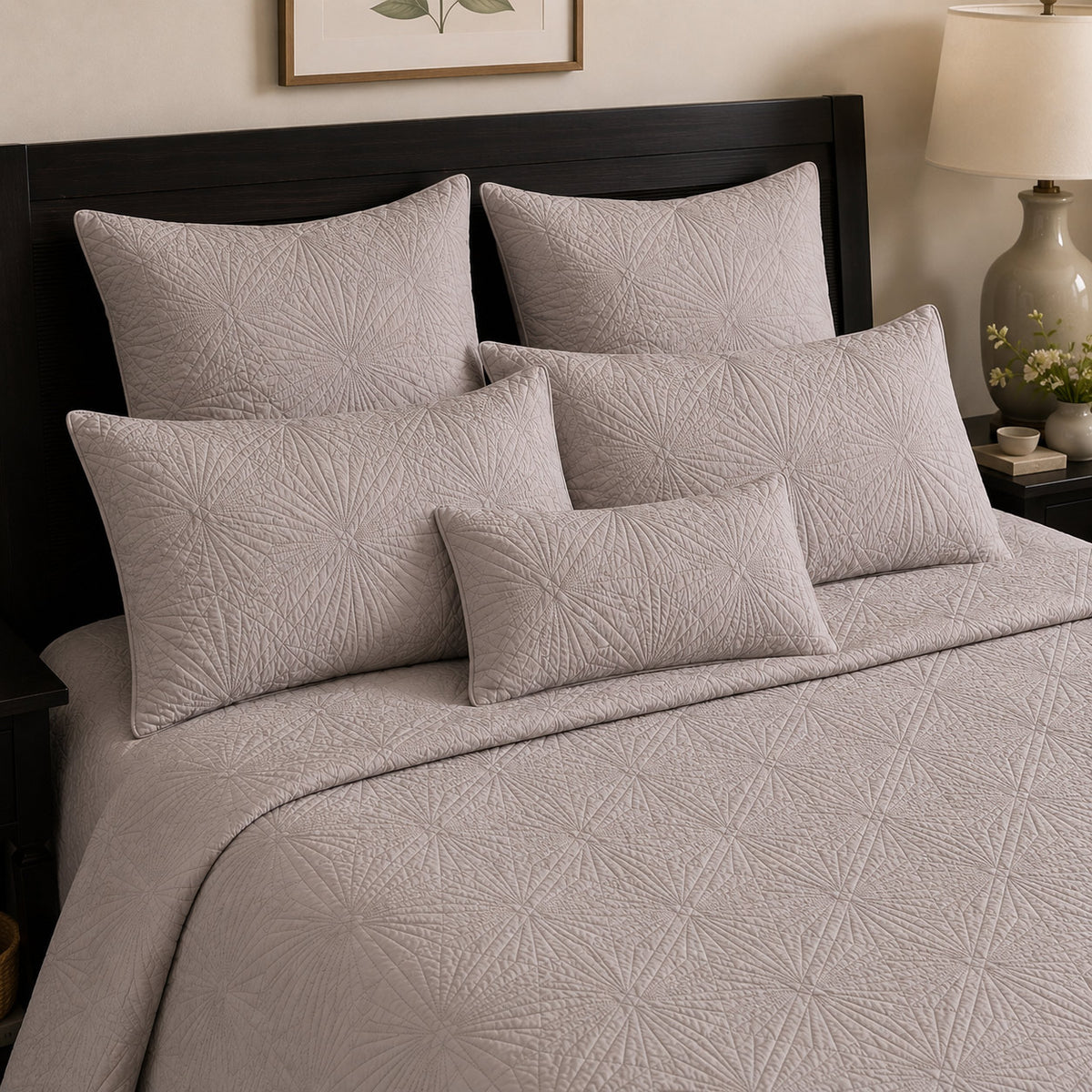 HELVICIA MEDITERRANEAN SERENITY MISTY TAUPE QUILTED 6 PIECE BEDCOVER SET