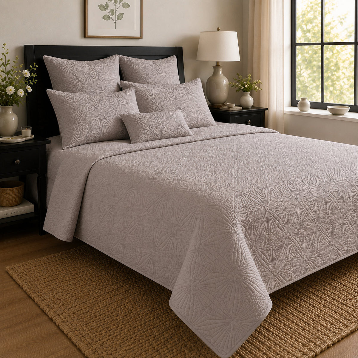 HELVICIA MEDITERRANEAN SERENITY MISTY TAUPE QUILTED 6 PIECE BEDCOVER SET