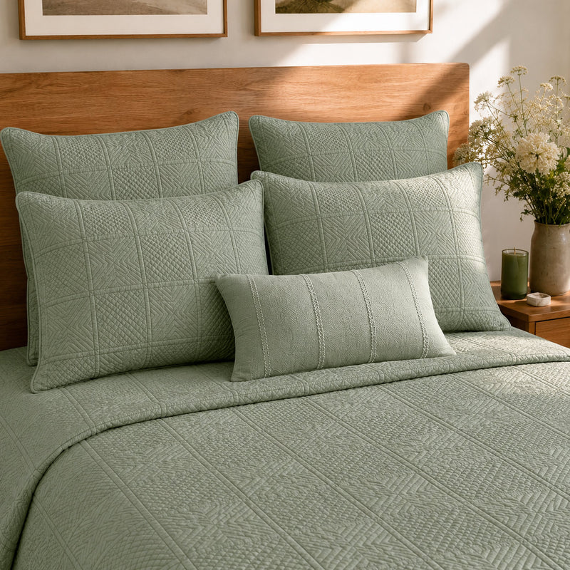 HELGA MEDITERRANEAN SERENITY SILVERY SAGE QUILTED 6 PIECE BEDCOVER SET