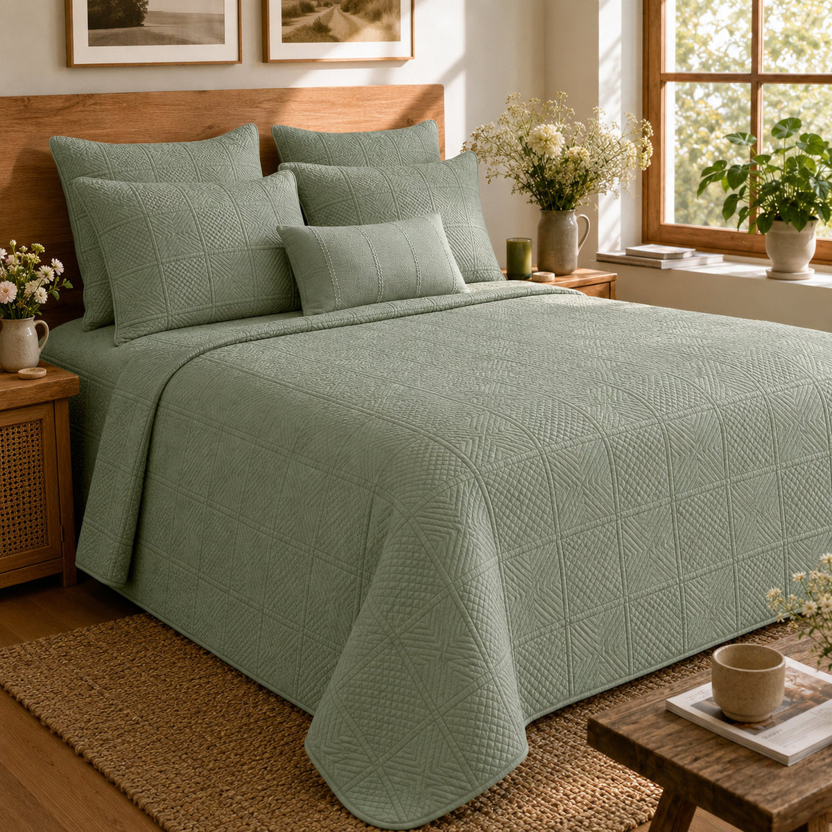 HELGA MEDITERRANEAN SERENITY SILVERY SAGE QUILTED 6 PIECE BEDCOVER SET
