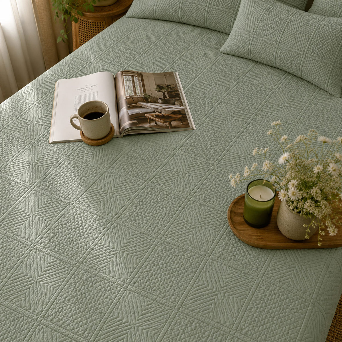 HELGA MEDITERRANEAN SERENITY SILVERY SAGE QUILTED 6 PIECE BEDCOVER SET