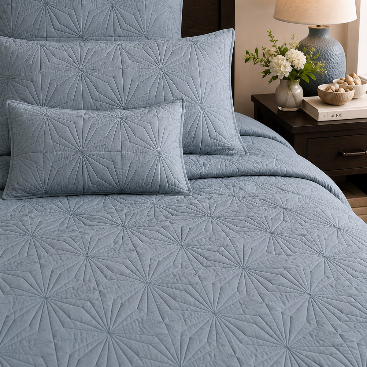 HILDA MEDITERRANEAN SERENITY MISTY BLUE QUILTED 6 PIECE BEDCOVER SET