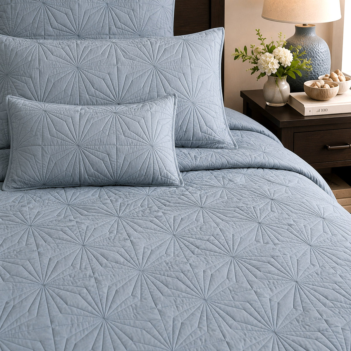 HILDA MEDITERRANEAN SERENITY MISTY BLUE QUILTED 6 PIECE BEDCOVER SET