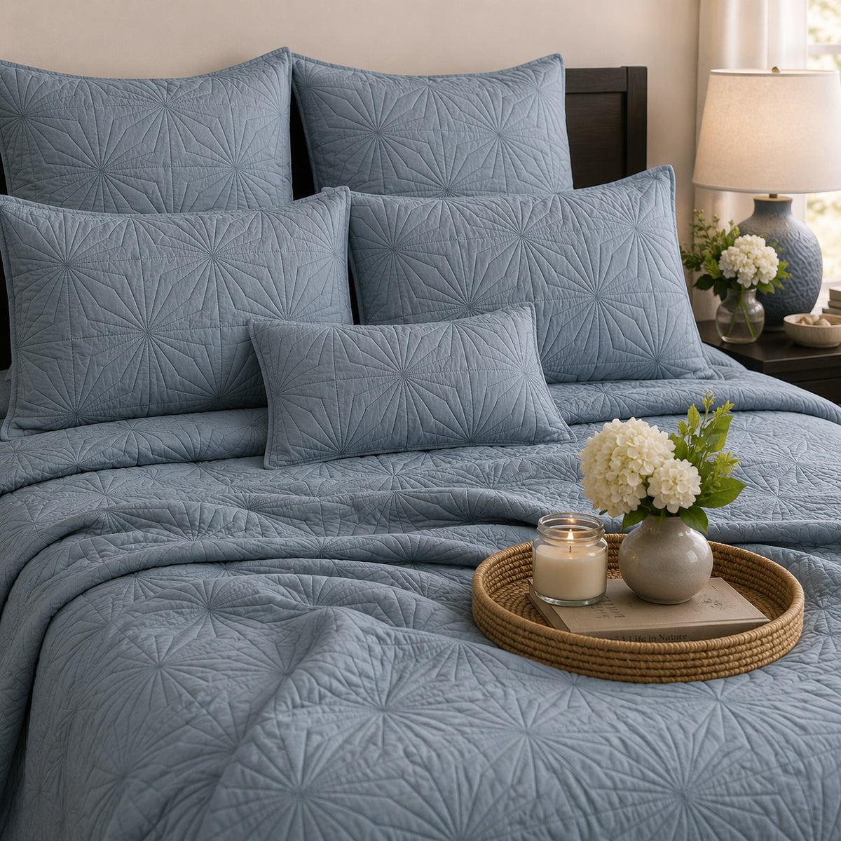 HILDA MEDITERRANEAN SERENITY MISTY BLUE QUILTED 6 PIECE BEDCOVER SET