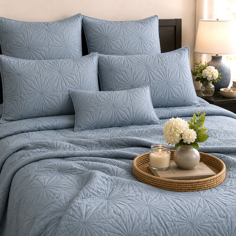 HILDA MEDITERRANEAN SERENITY MISTY BLUE QUILTED 6 PIECE BEDCOVER SET
