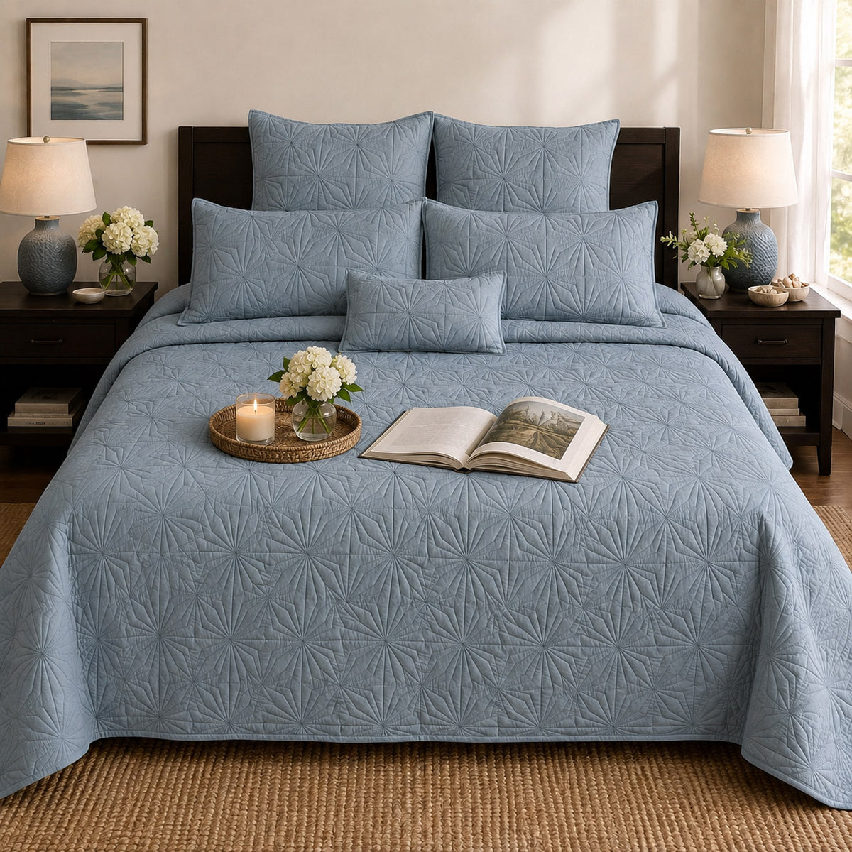 HILDA MEDITERRANEAN SERENITY MISTY BLUE QUILTED 6 PIECE BEDCOVER SET