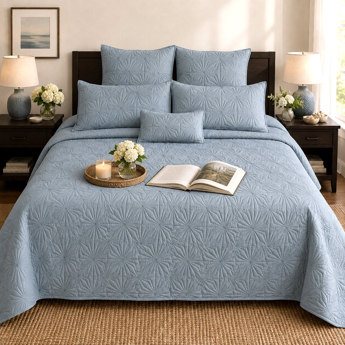 HILDA MEDITERRANEAN SERENITY MISTY BLUE QUILTED 6 PIECE BEDCOVER SET