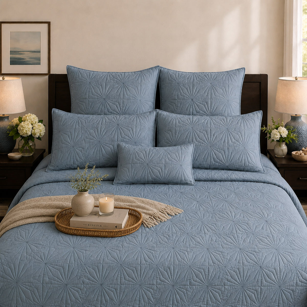 HILDA MEDITERRANEAN SERENITY MISTY BLUE QUILTED 6 PIECE BEDCOVER SET