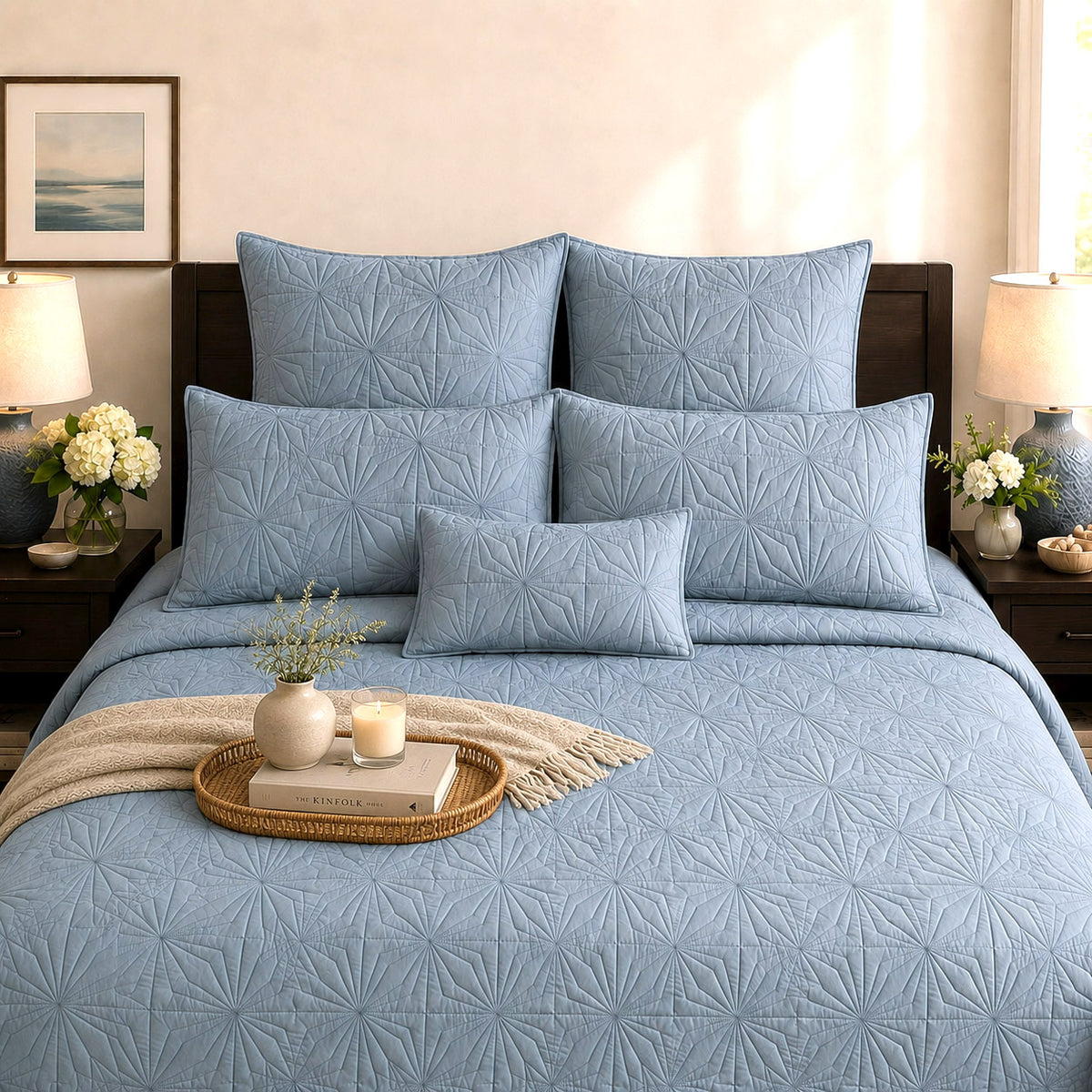 HILDA MEDITERRANEAN SERENITY MISTY BLUE QUILTED 6 PIECE BEDCOVER SET