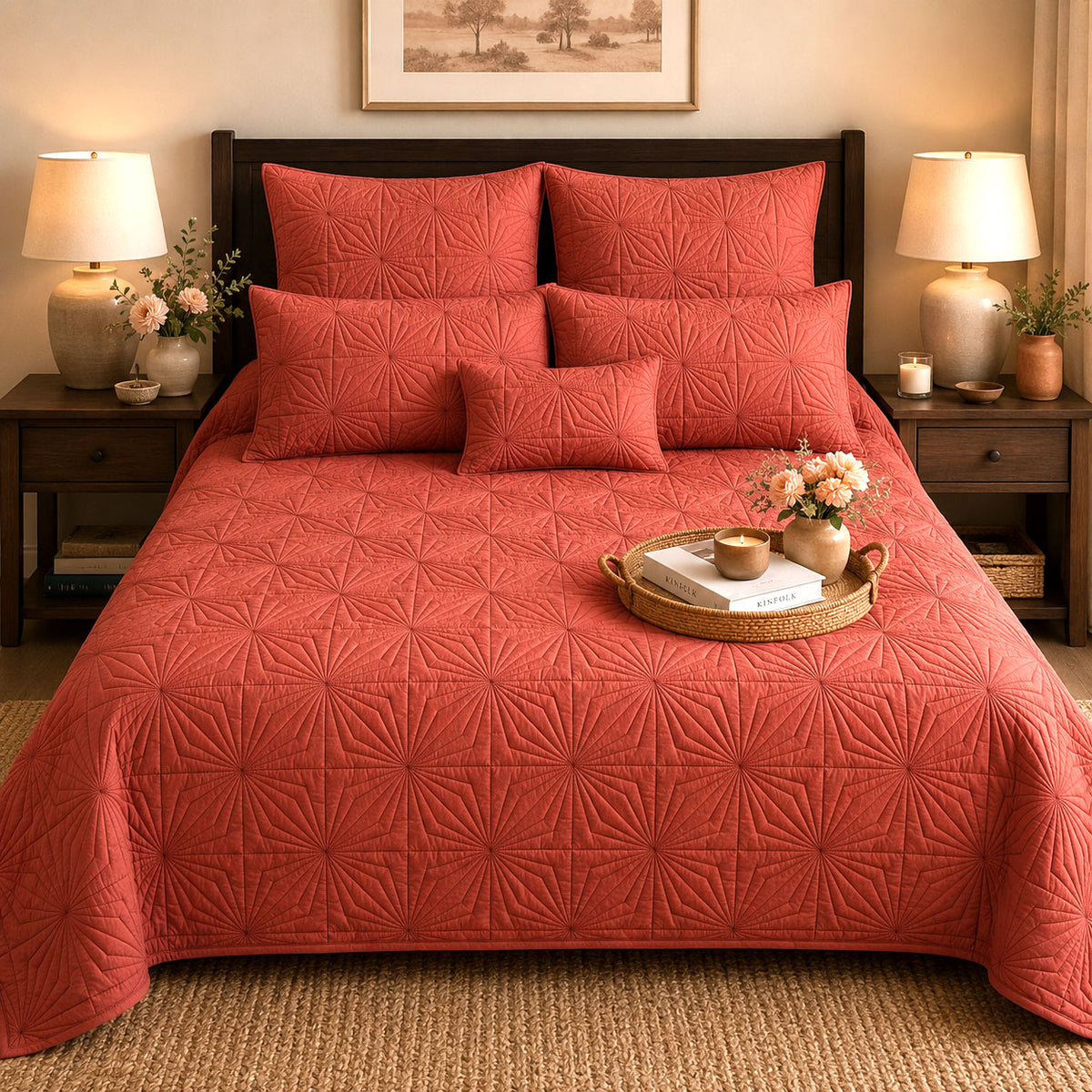 HADLEY MEDITERRANEAN SERENITY SUNSET CORAL QUILTED 6 PIECE BEDCOVER SET