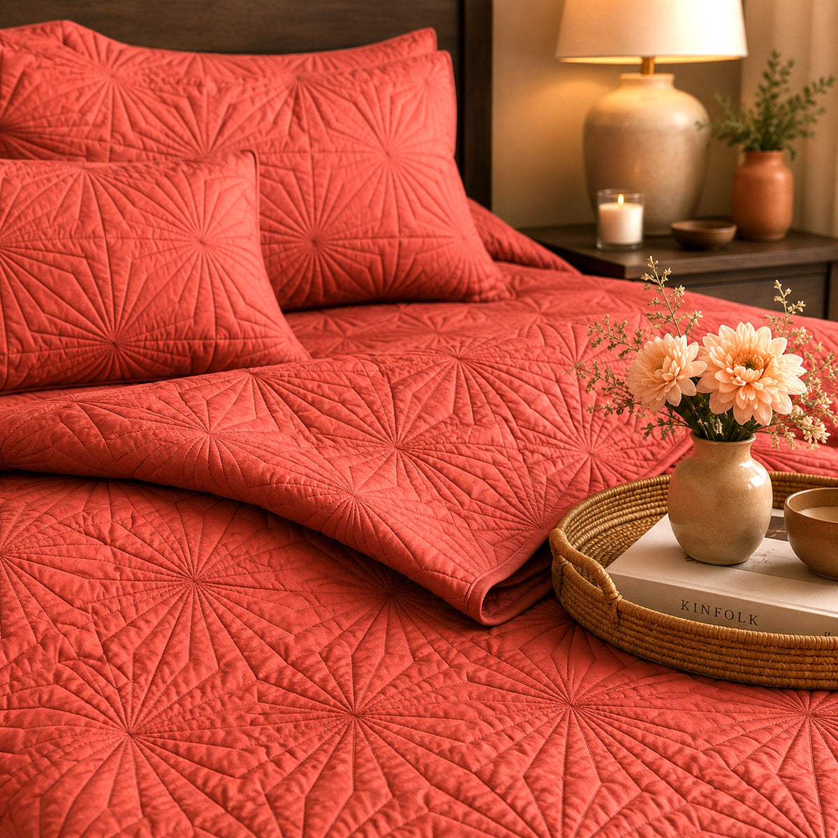 HADLEY MEDITERRANEAN SERENITY SUNSET CORAL QUILTED 6 PIECE BEDCOVER SET