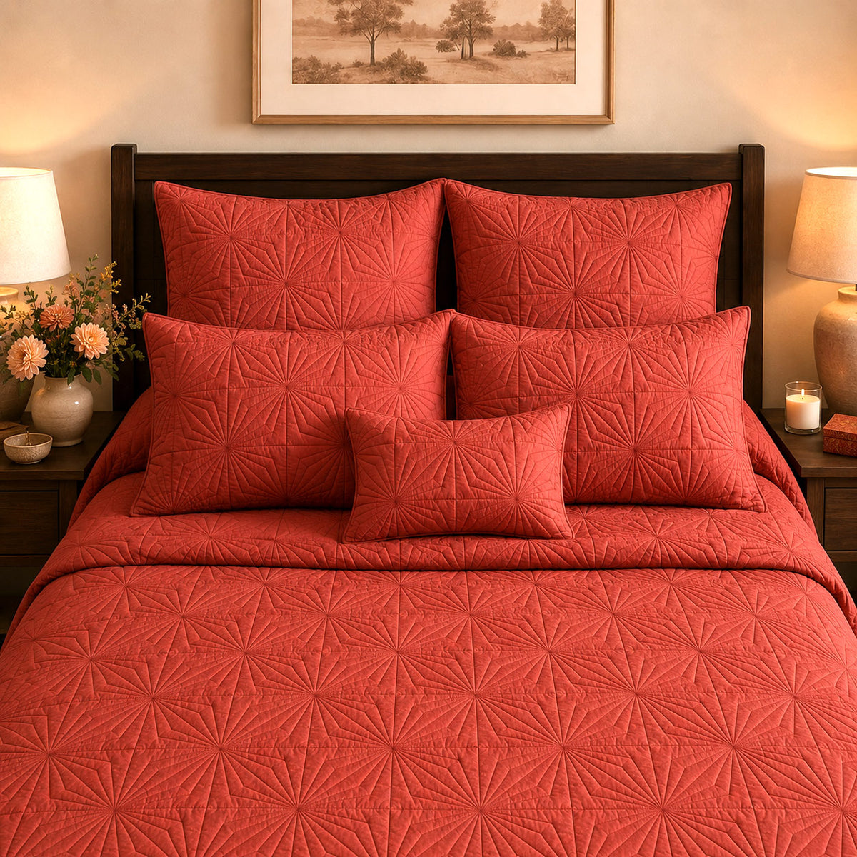 HADLEY MEDITERRANEAN SERENITY SUNSET CORAL QUILTED 6 PIECE BEDCOVER SET