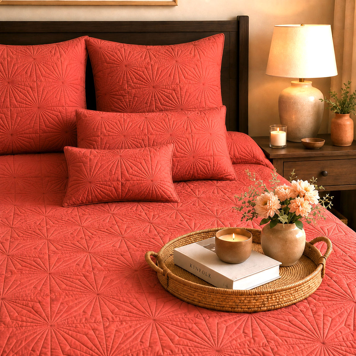 HADLEY MEDITERRANEAN SERENITY SUNSET CORAL QUILTED 6 PIECE BEDCOVER SET