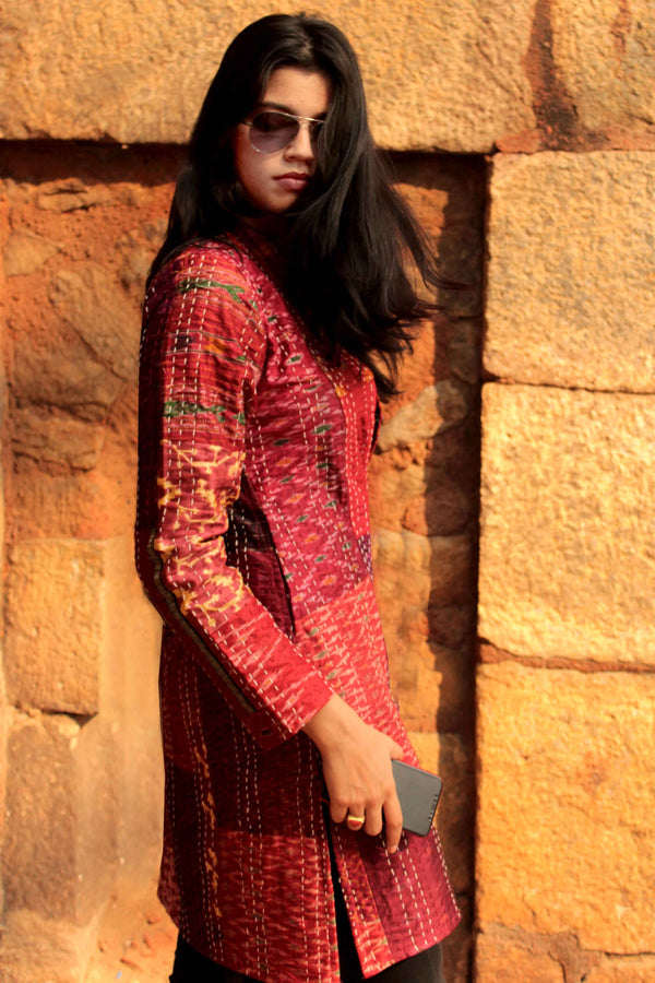 HAZLEY - RAVISHING RUBIES PATOLA SILK PATCHWORK KANTHA LONG JACKET