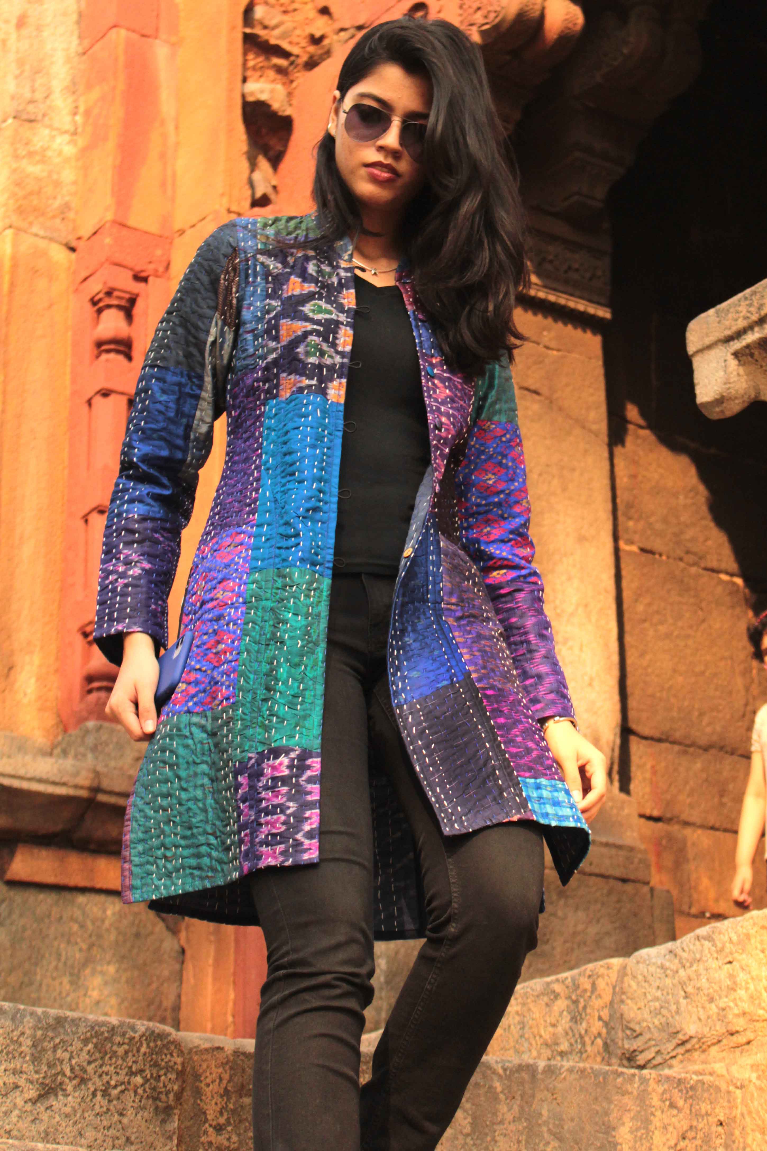 Huxley - Brilliant Blues Patola Silk Patchwork Kantha Long Jacket