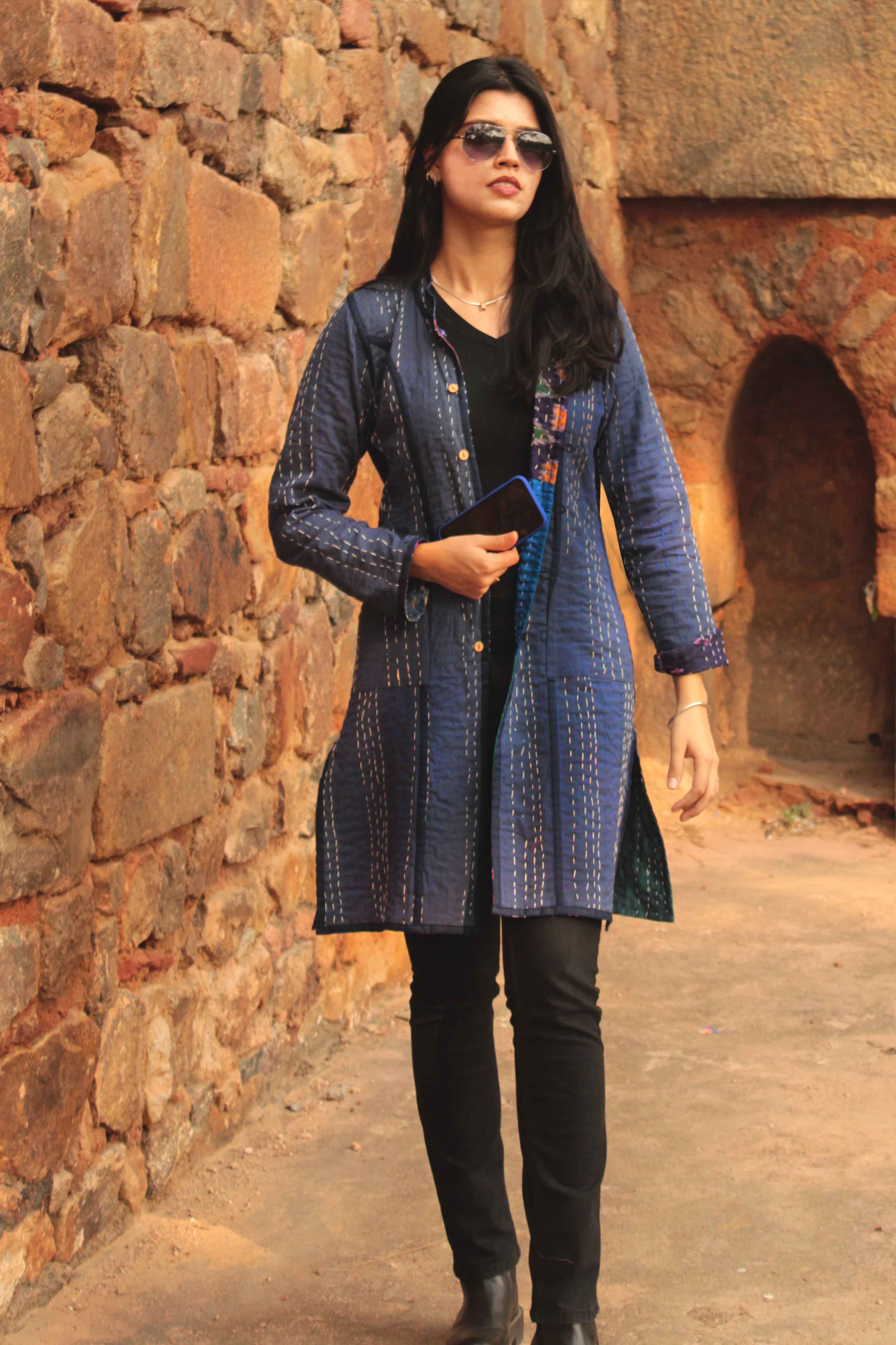 Huxley - Brilliant Blues Patola Silk Patchwork Kantha Long Jacket