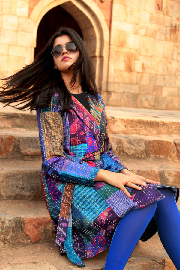 HENNESSY - BEWITCHING BLUES PATOLA SILK PATCHWORK KANTHA TRENCH COAT