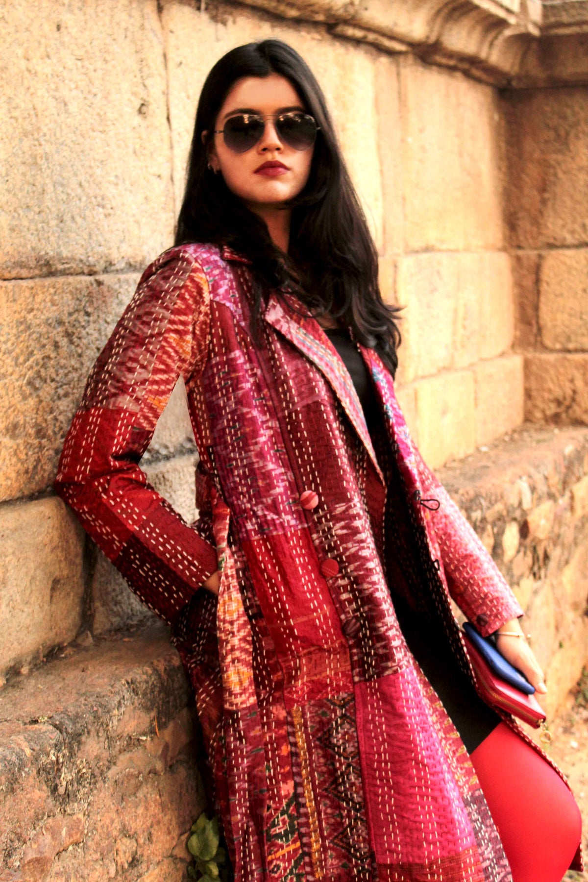 HENNESSY - ROMANTIC ROSETTE PATOLA SILK PATCHWORK KANTHA TRENCH COAT