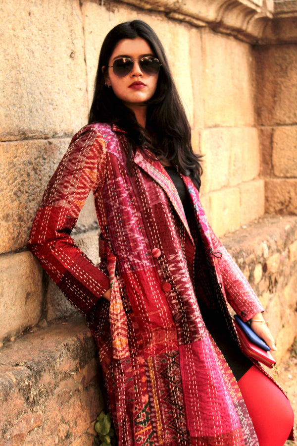 HENNESSY - ROMANTIC ROSETTE PATOLA SILK PATCHWORK KANTHA TRENCH COAT