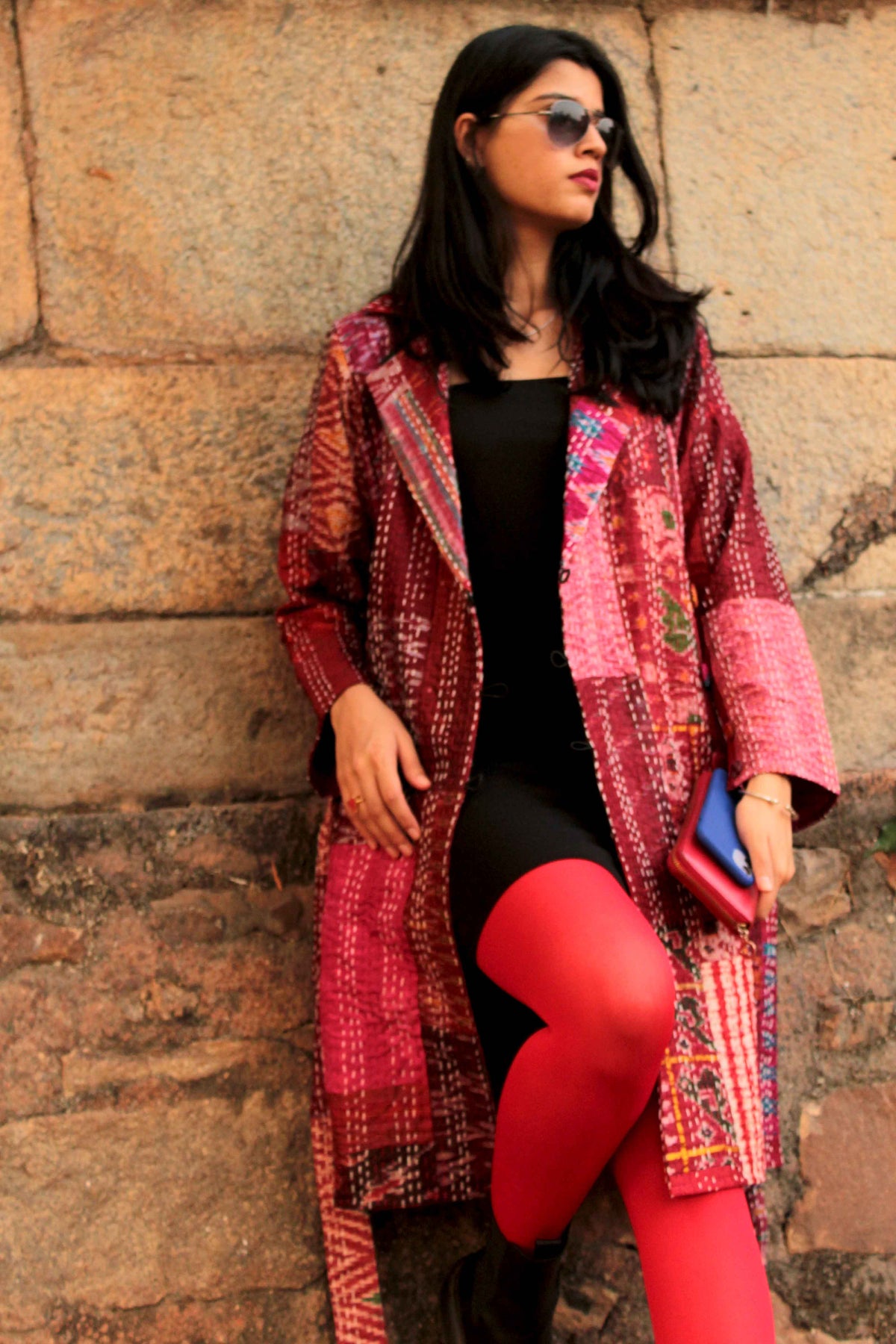 HENNESSY - ROMANTIC ROSETTE PATOLA SILK PATCHWORK KANTHA TRENCH COAT
