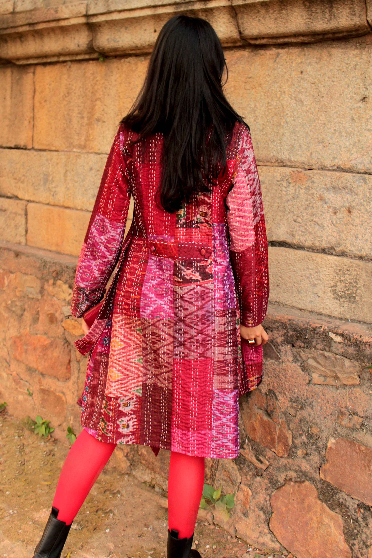 HENNESSY - ROMANTIC ROSETTE PATOLA SILK PATCHWORK KANTHA TRENCH COAT