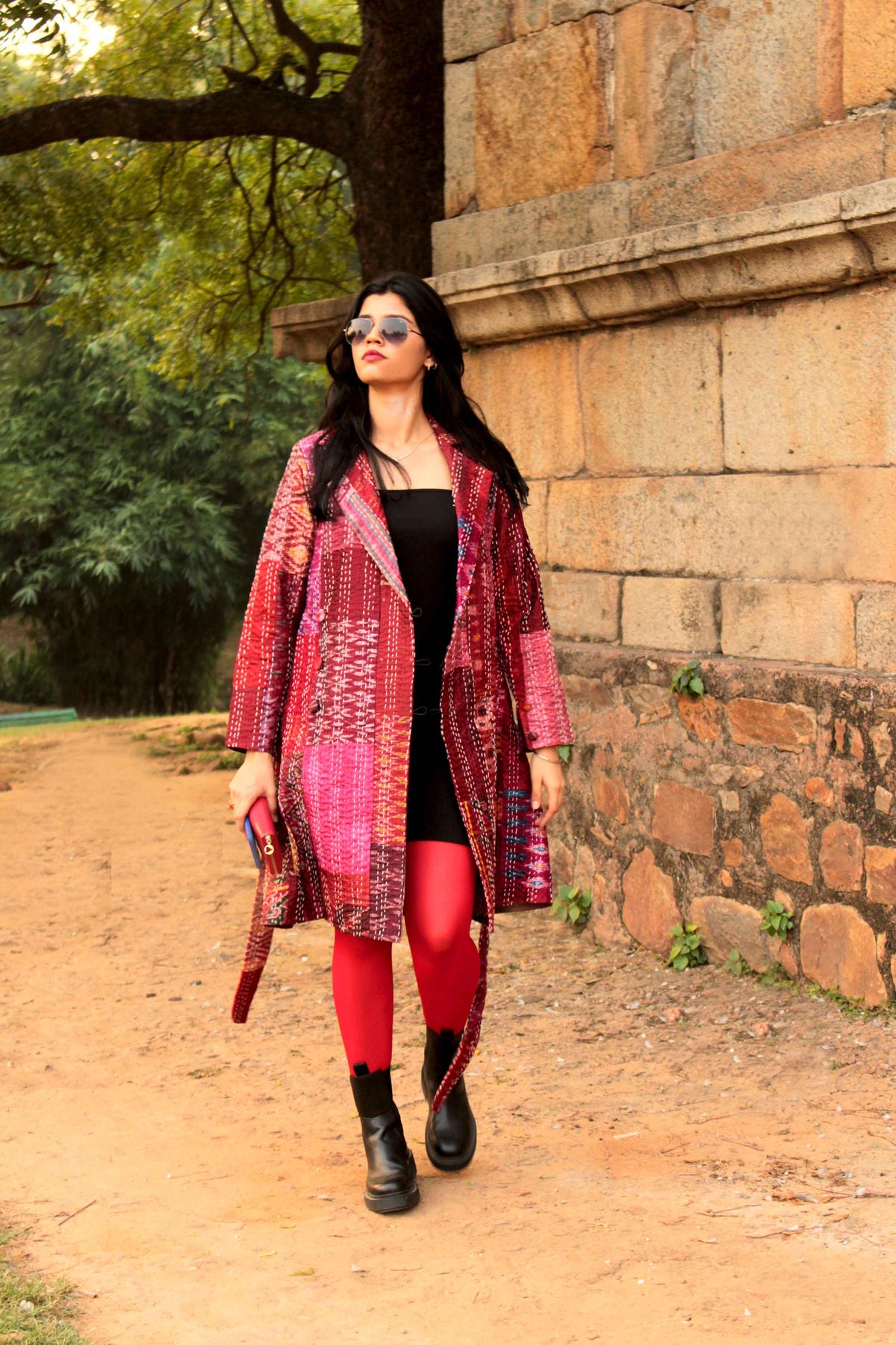 HENNESSY - ROMANTIC ROSETTE PATOLA SILK PATCHWORK KANTHA TRENCH COAT