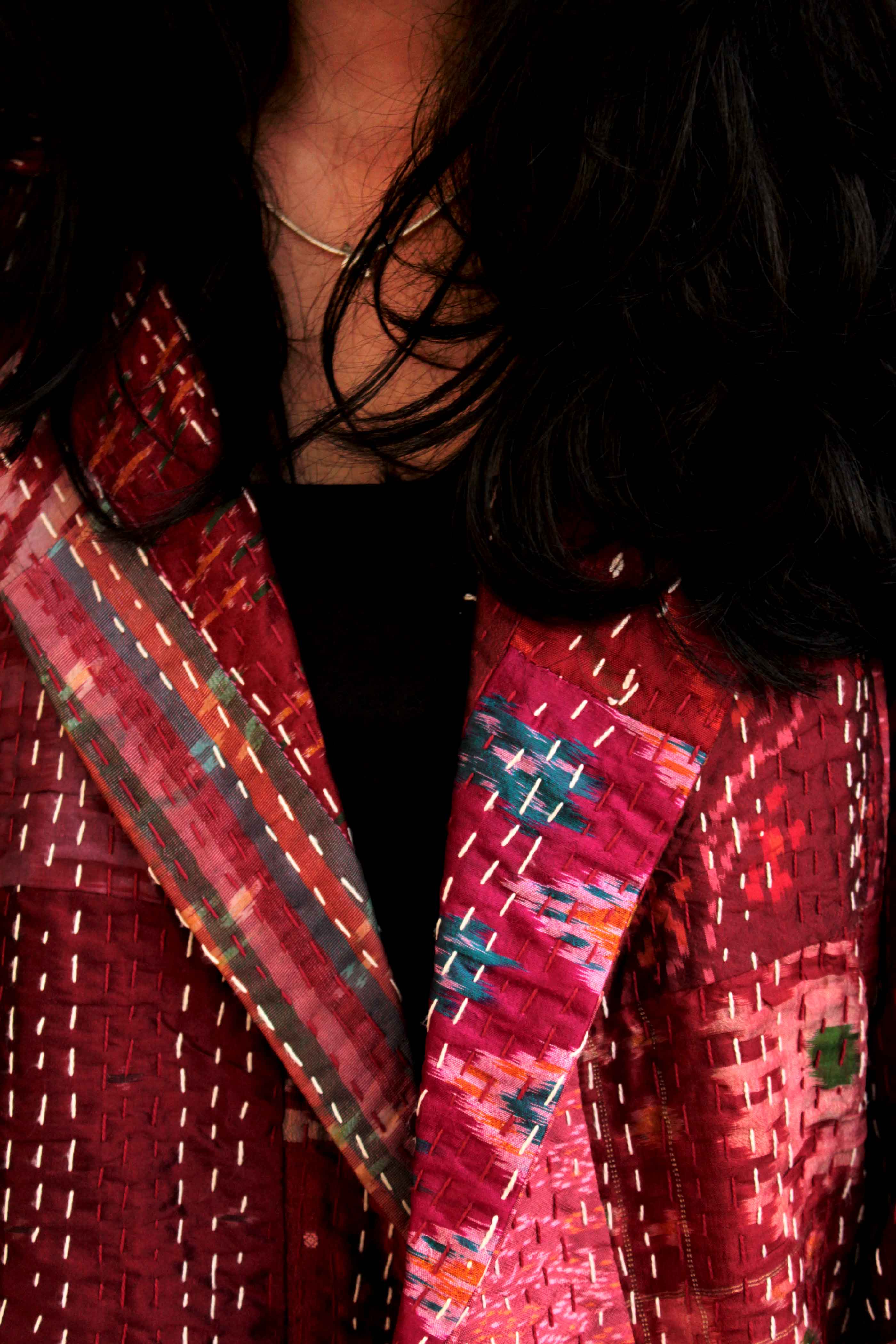 Hennessy - Romantic Rosette Patola Silk Patchwork Kantha Trench