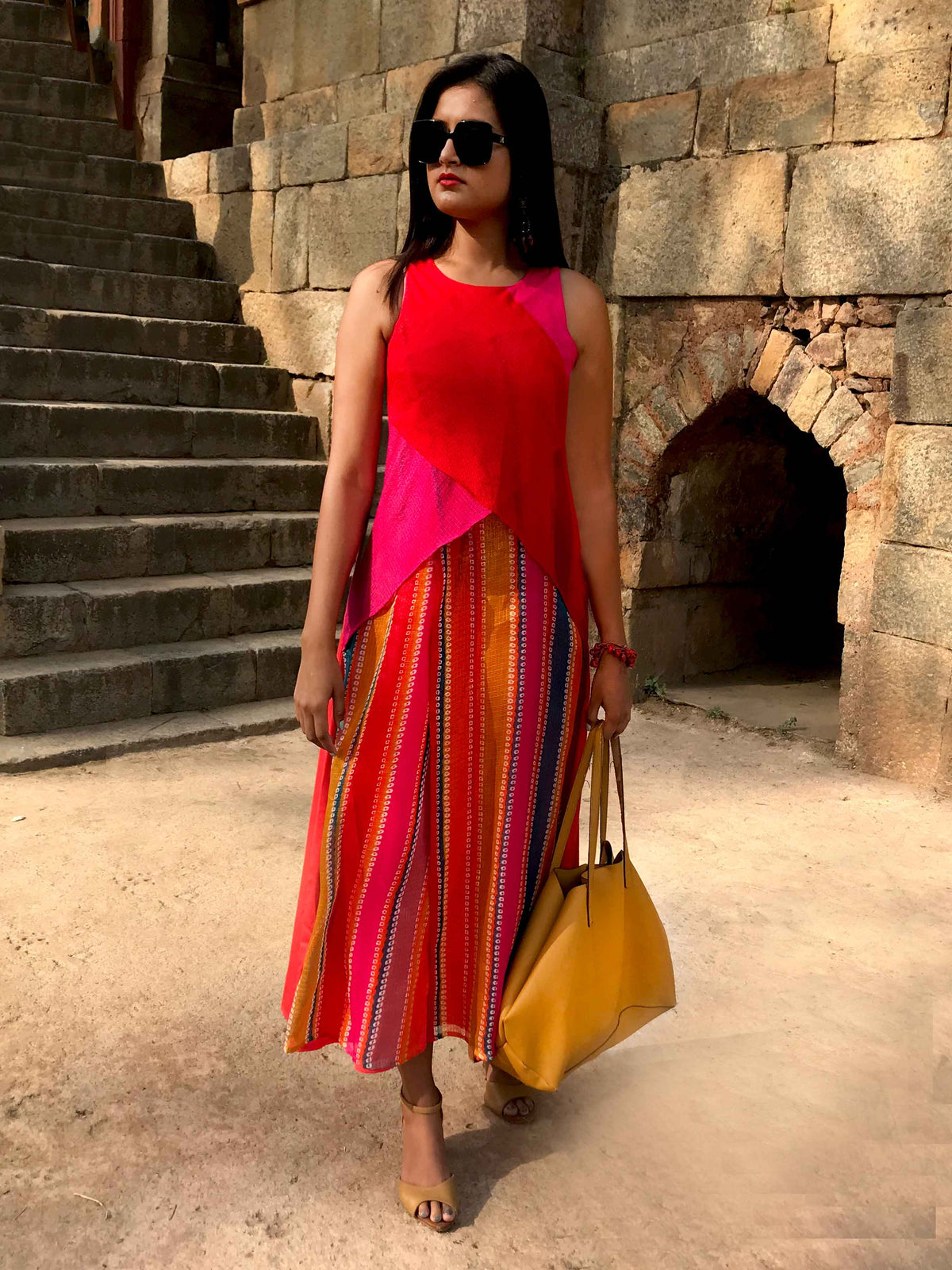 SHARON SANTORINI STRIPES SILK KOTA DORIA LONG DRESS