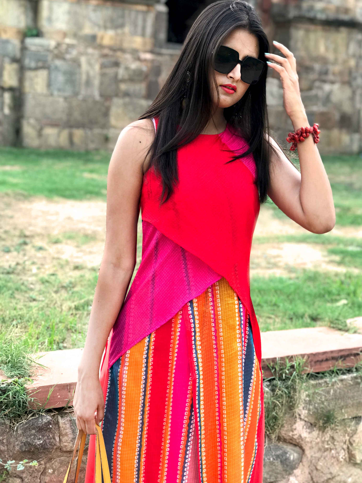 SHARON SANTORINI STRIPES SILK KOTA DORIA LONG DRESS