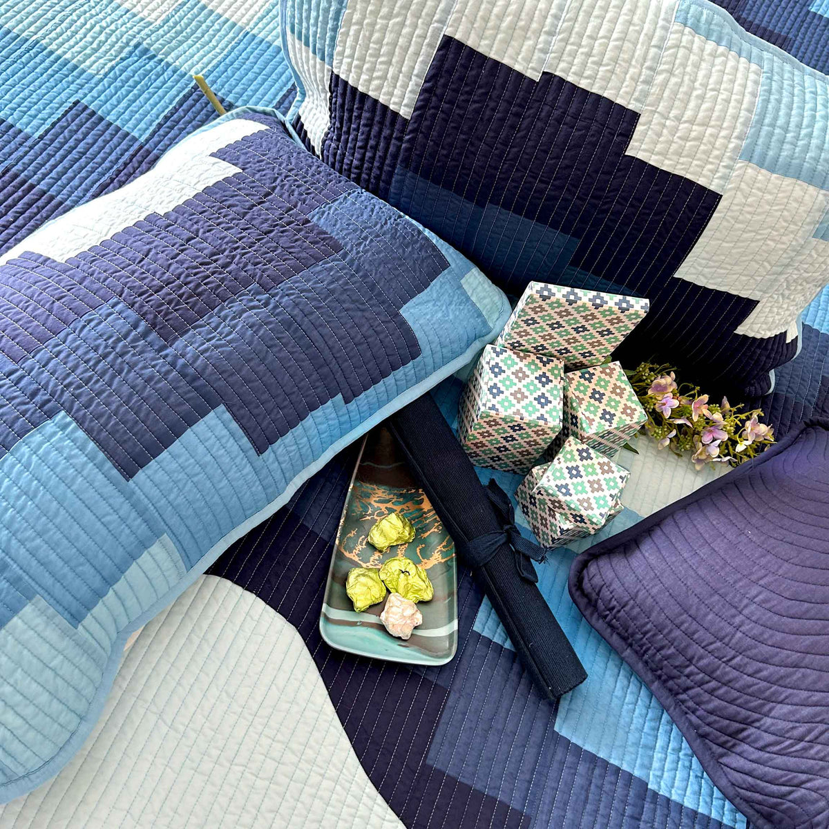 RAYMOND MALDIVIAN BLUE PATCHWORK QUILTED BEDCOVER SET