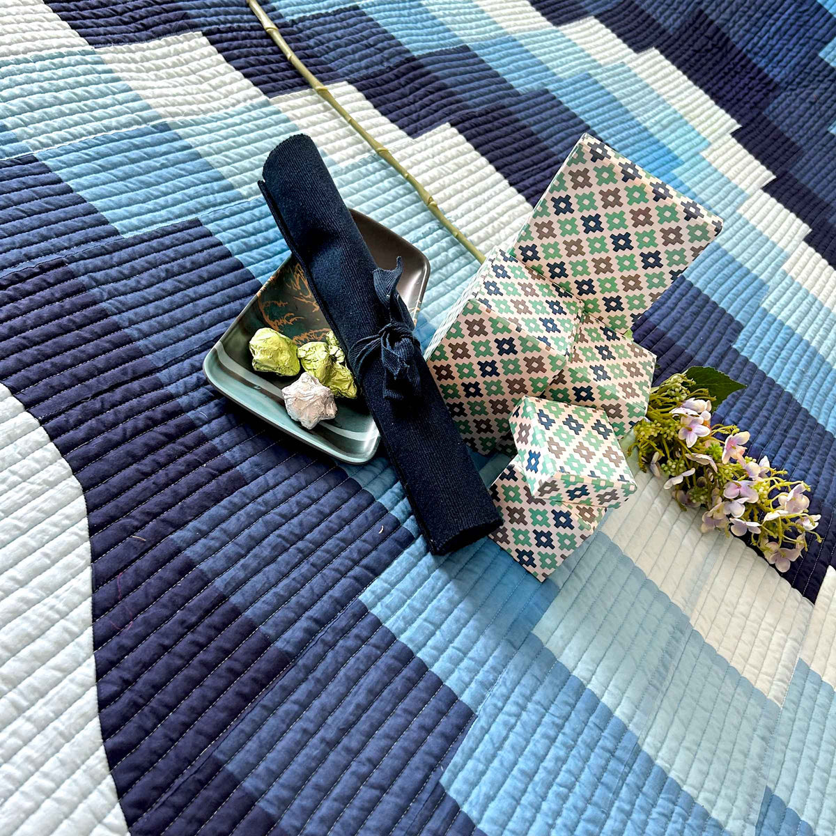 RAYMOND MALDIVIAN BLUE PATCHWORK QUILTED BEDCOVER SET