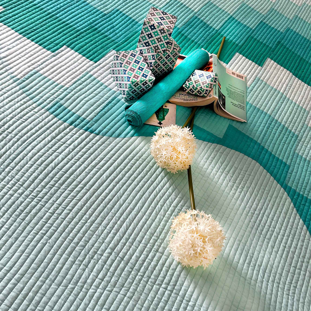 ROLAND FRENCH RIVIERA AQUA PATCHWORK QUILTED BEDCOVER SET