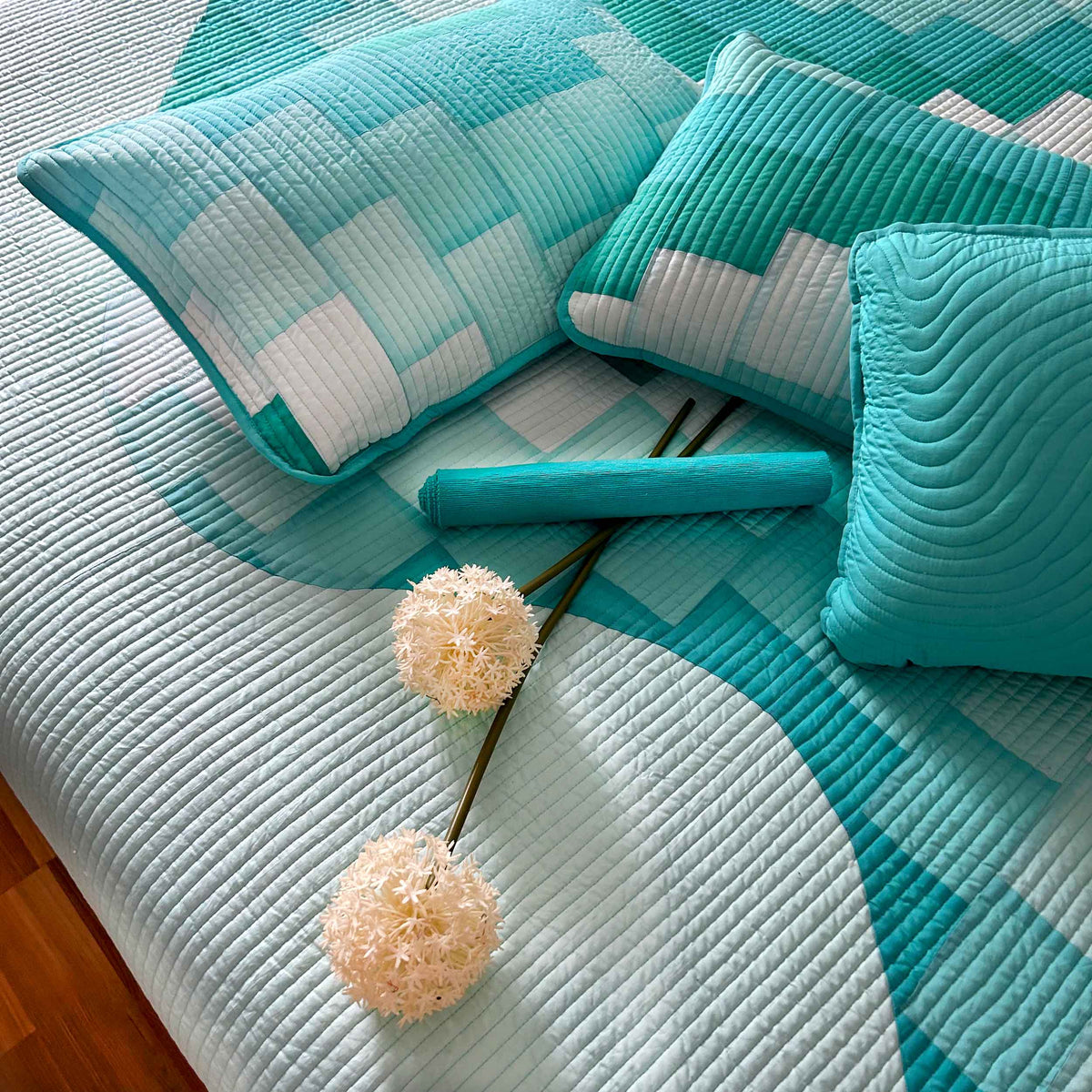ROLAND FRENCH RIVIERA AQUA PATCHWORK QUILTED BEDCOVER SET