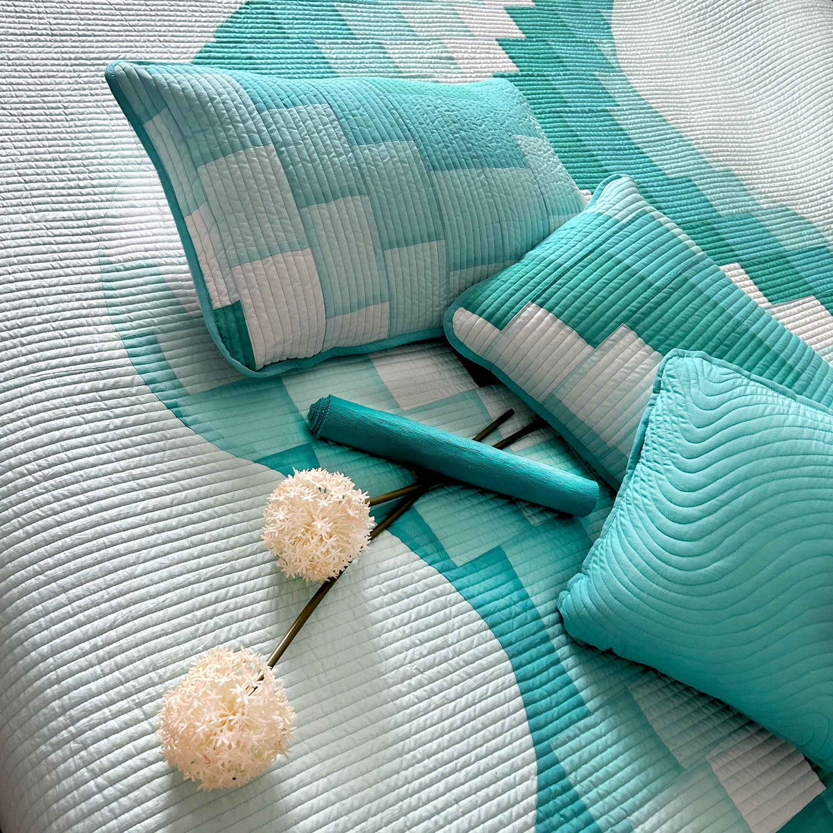 ROLAND FRENCH RIVIERA AQUA PATCHWORK QUILTED BEDCOVER SET