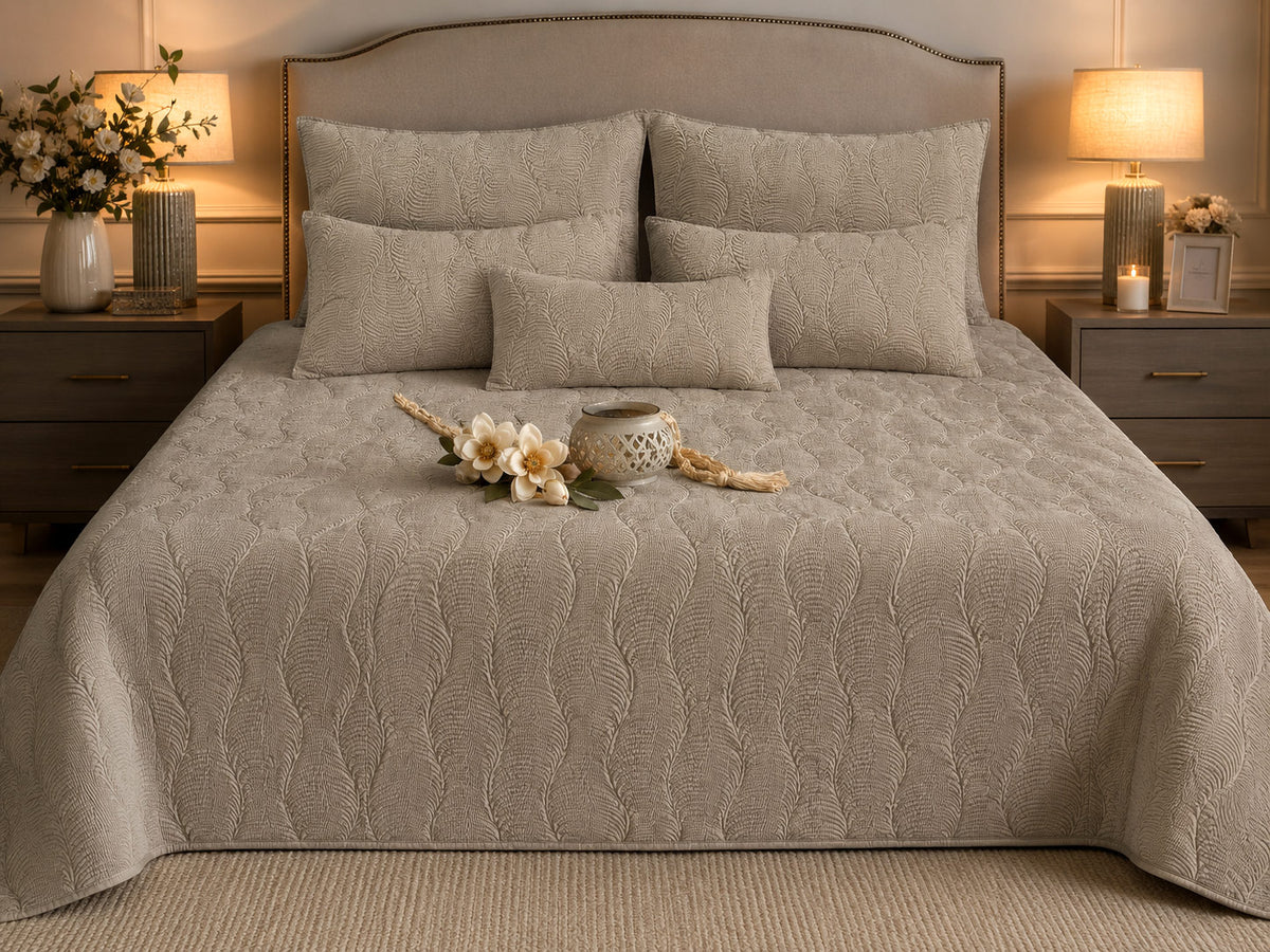 HAZLEY MEDITERRANEAN SERENITY WARM PEBBLE QUILTED 6 PIECE BEDCOVER SET
