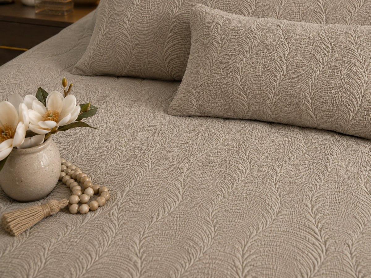 HAZLEY MEDITERRANEAN SERENITY WARM PEBBLE QUILTED 6 PIECE BEDCOVER SET