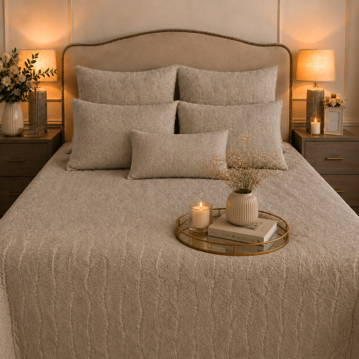 HAZLEY MEDITERRANEAN SERENITY WARM PEBBLE QUILTED 6 PIECE BEDCOVER SET