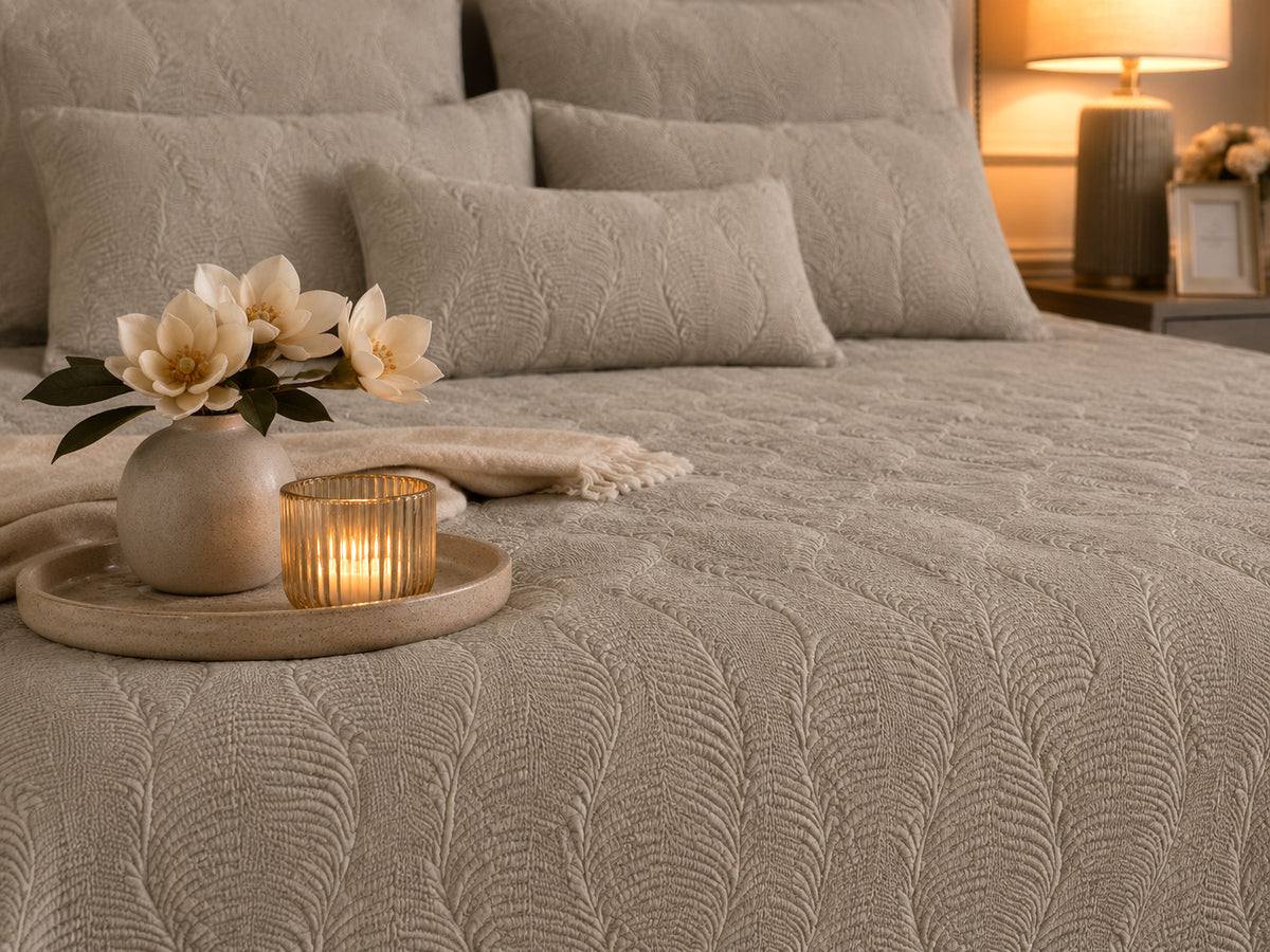 HAZLEY MEDITERRANEAN SERENITY WARM PEBBLE QUILTED 6 PIECE BEDCOVER SET